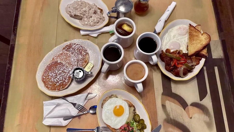 A selection of food and drinks for a brunch at Honey's Sit 'n Eat.