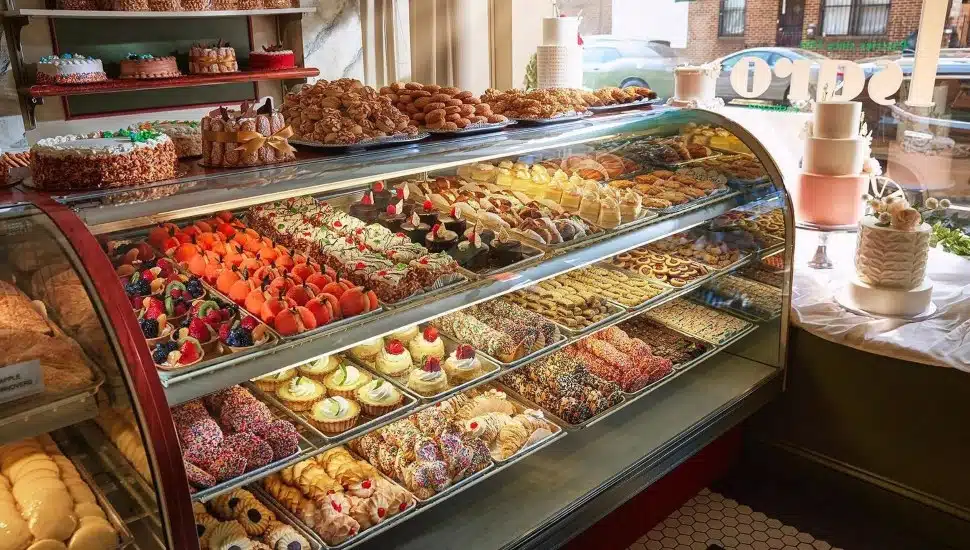 Inside Isgro Pastries with a wide variety of baked goods.