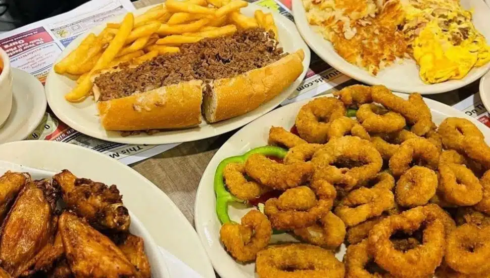 A cheesesteak with fries, onion rings, wings, and an omelet.