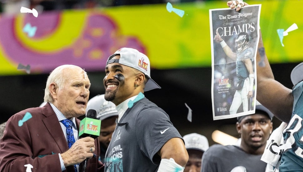 Terry Bradshaw interviewing Jalen Hurts after winning Super Bowl LIX.