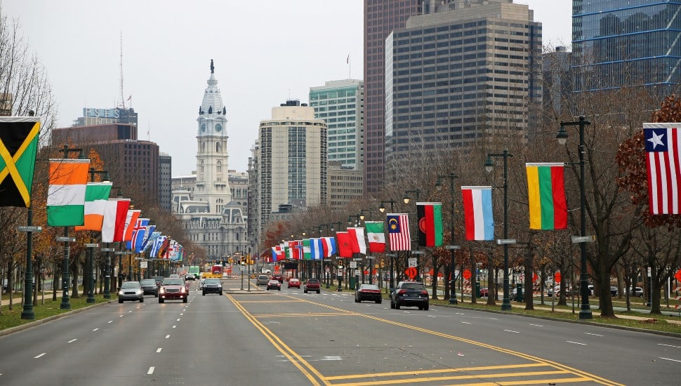Collection of multicultural flags at Ben Franklin Parkway.