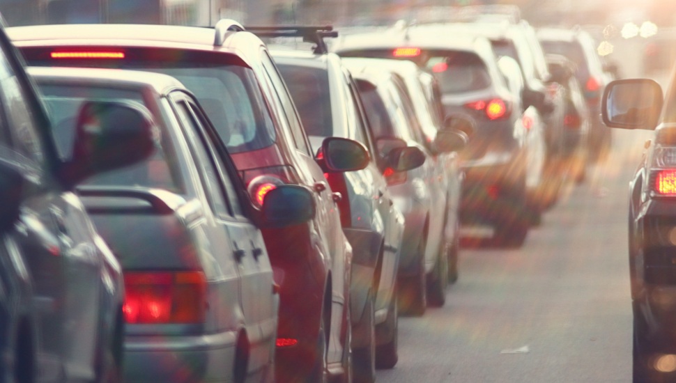 A line of cars stuck in traffic.