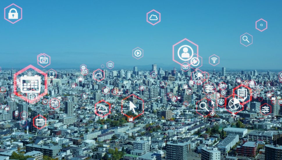 AI app icons overlayed a suburban landscape.