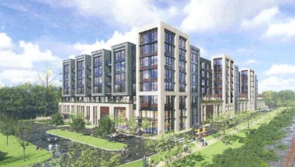 A rendering of the proposed apartment building to be built in Conshohocken by Alterra Property Group.