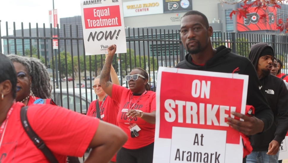Aramark workers on strike outside Wells Fargo Center.