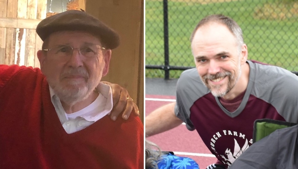 Headshots of older male in red sweater and middle-aged male in t-shirt.