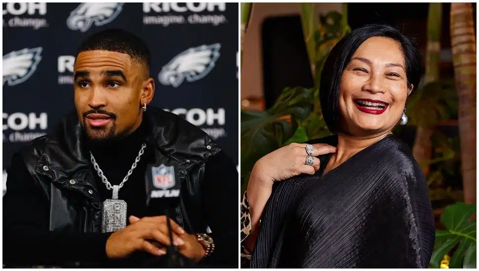 Jalen Hurts speaking at a press conference (left), and Chutatip "Nok" Suntaranon smiles for the camera.