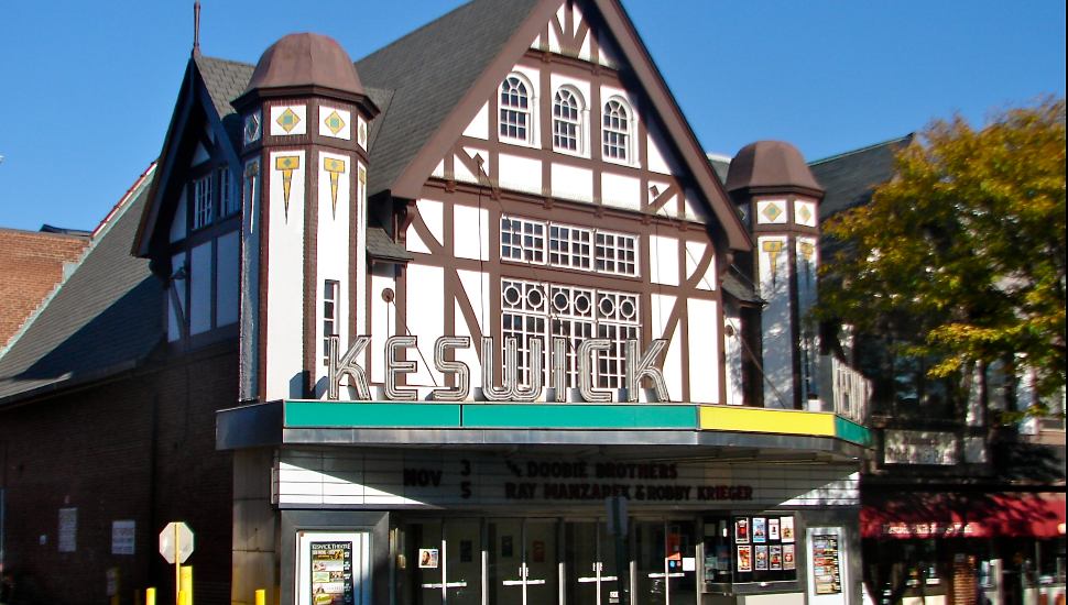 The facade of Keswick Theater on a sunny day.