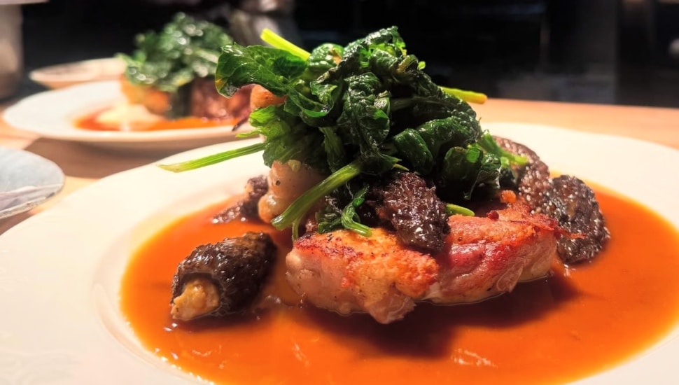 1/2 chicken, boudin stuffed morels, chicken fat wilted spinach.