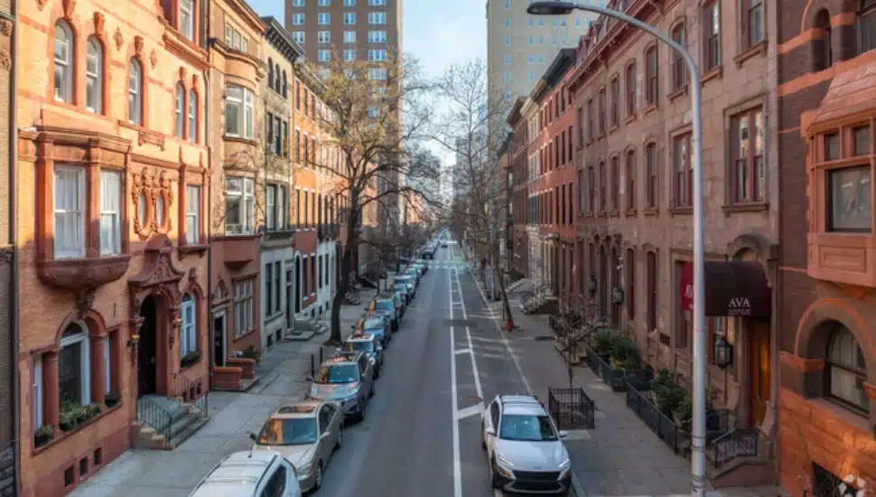 A shot of a Center City Philadelphia street with brownstones and cars.