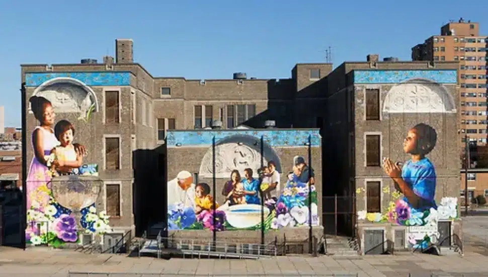 "The Sacred Now: Faith and Family in the 21st Century" mural of Pope Francis.