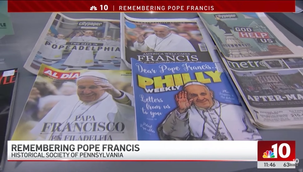 A collection of magazines and newspapers with Pope Francis' face on them.