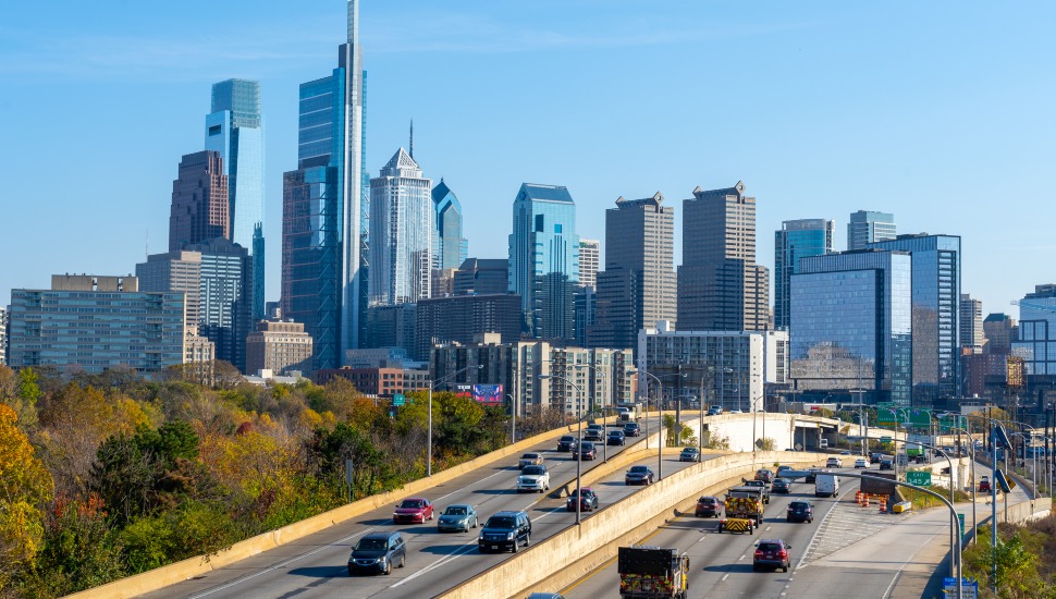Skyline of downtown Philadelphia over Schuylkill Expressway.