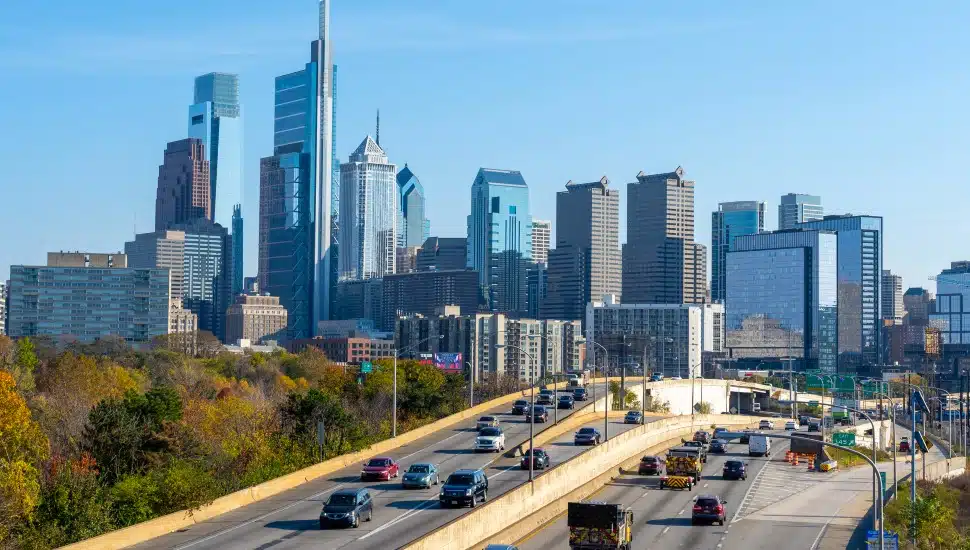 Skyline of downtown Philadelphia over Schuylkill Expressway.