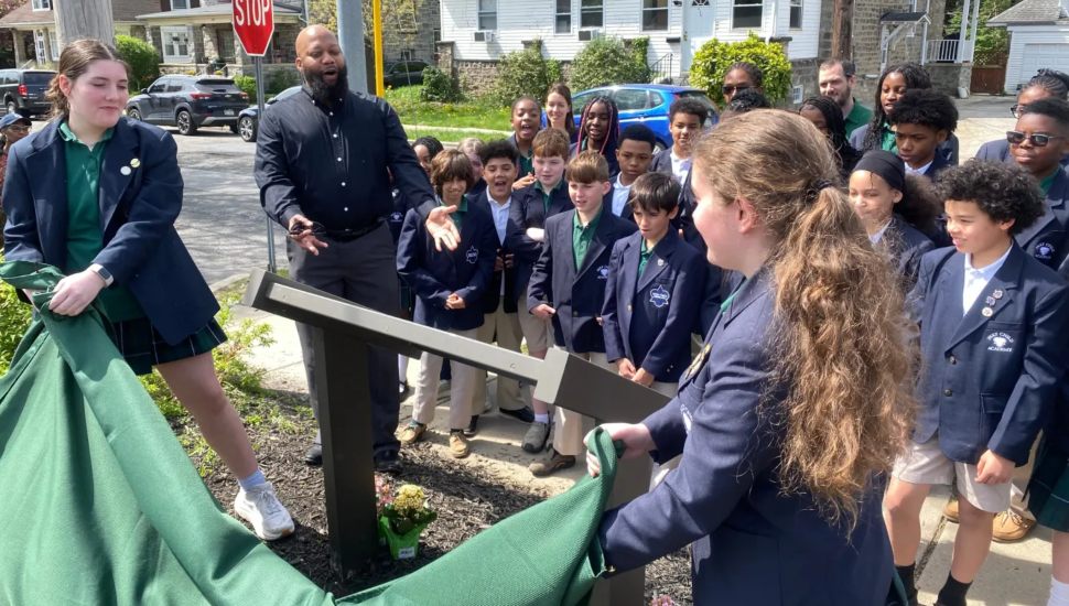 Holy Child eighth grade students Juliana Lanni and Mia Martin had the honor Friday of unveiling the new Underground Railroad historic marker in the 400 block Shadeland Avenue in Drexel Hill.