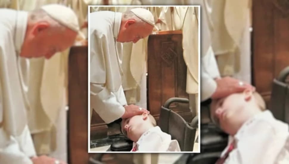 A multiple image of Pope Francis blessing Conall Harvey during a 2015 mass at the Cathedral of Saints Peter and Paul in Philadelphia.