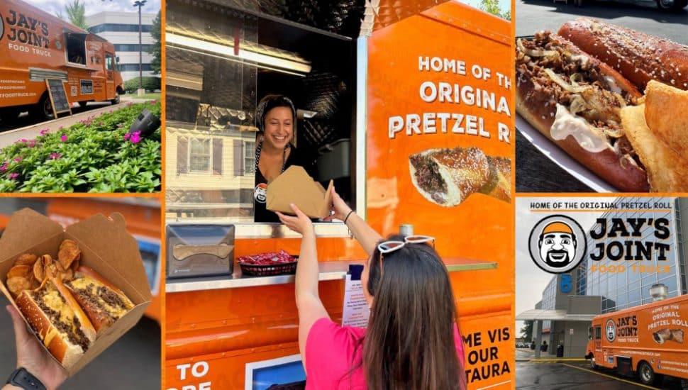 A collage of photos highlighting the food truck of Jay's Steak and Hoagie Joint.