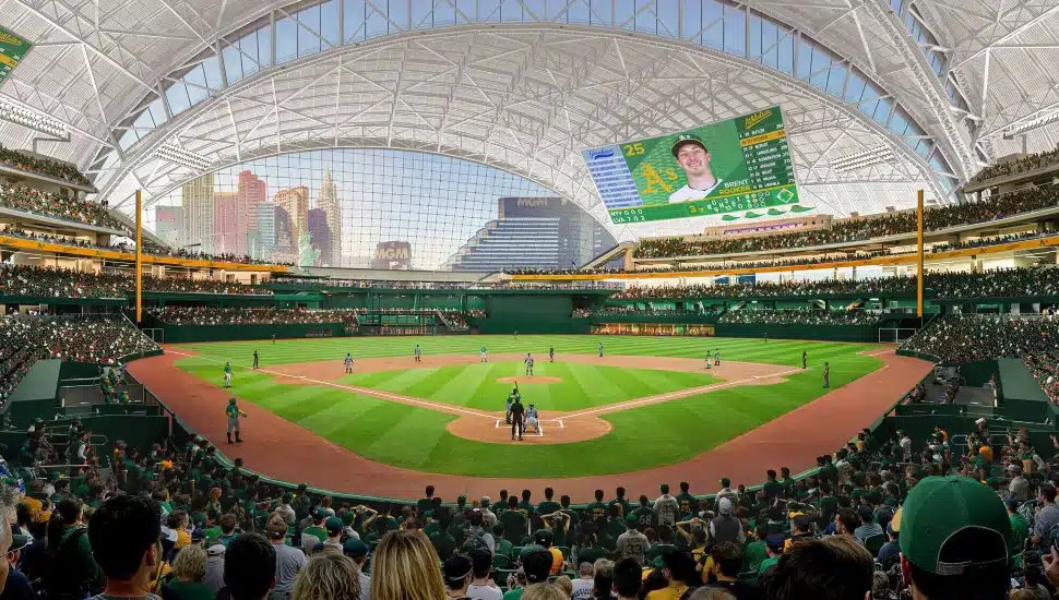 Athletics stadium with people in the crowd.