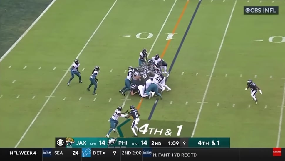 The Philadelphia Eagles performing a Tush Push against the Jacksonville Jaguars to get a first down.