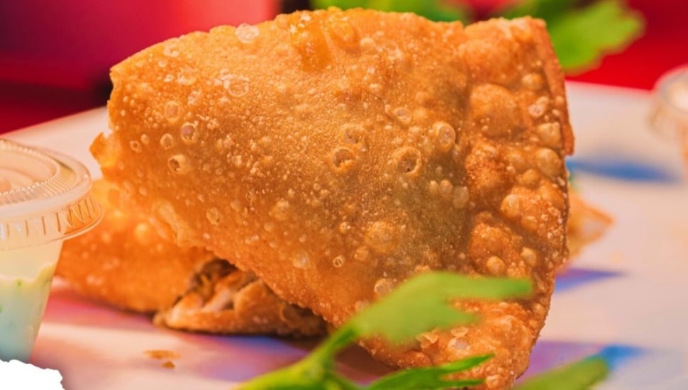 An empanada with sauce and parsley surrounding it.