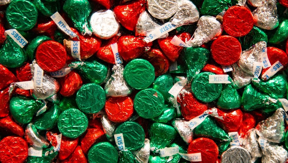 Foil wrapped Hershey s Kisses in Christmas colors