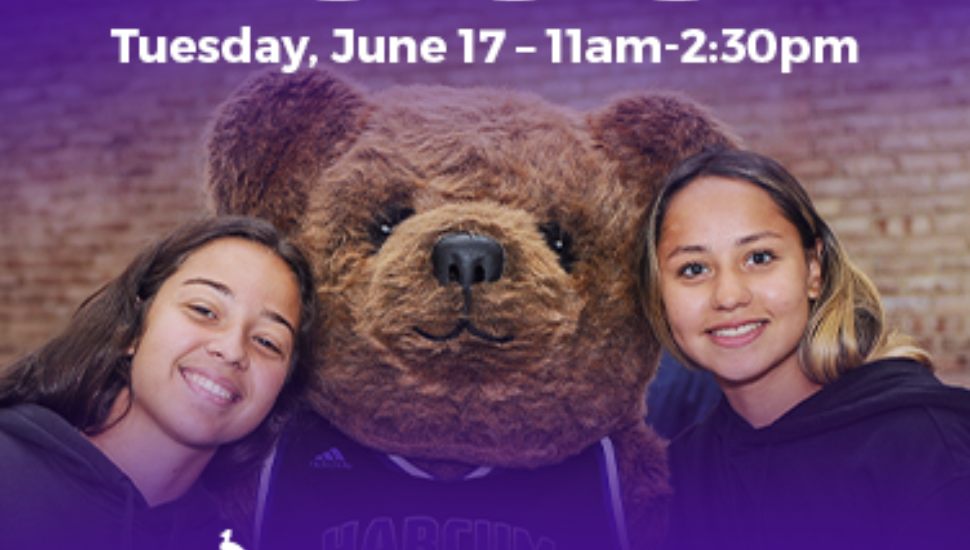 Two Harcum students pose with the college's Bear mascot with a purple background.