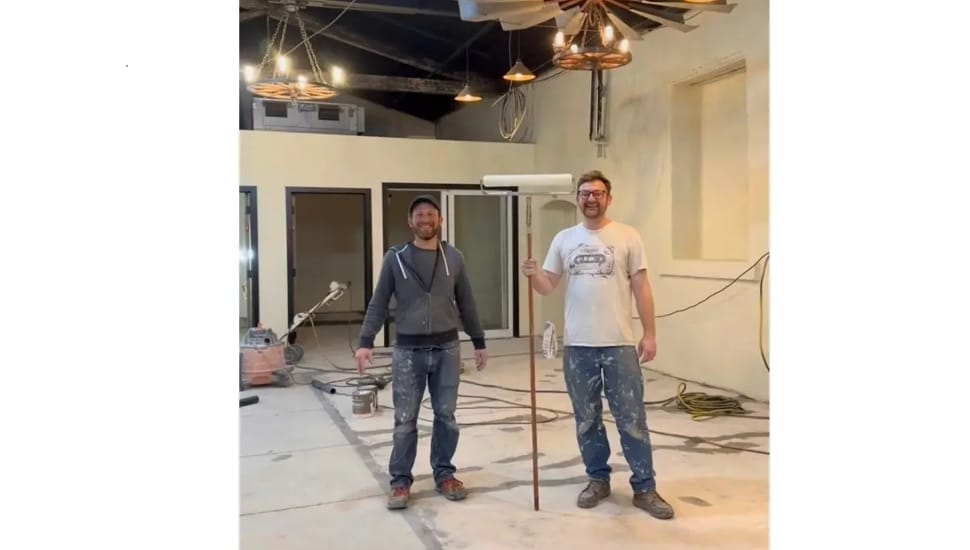 Jared Loss and Mike Gaydos working on their newest music venue, The Mill at Rockdale in Aston.