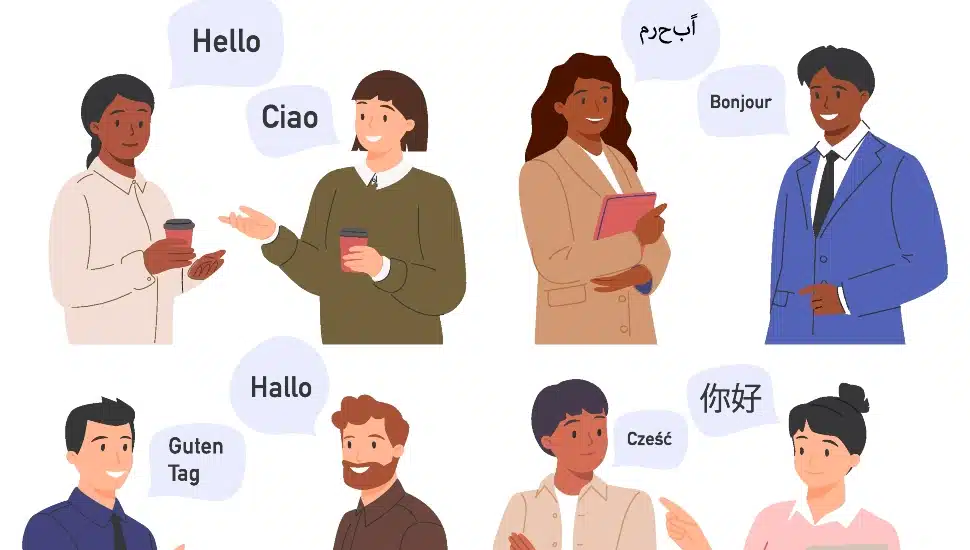 A group of 8 people with greetings of different languages.