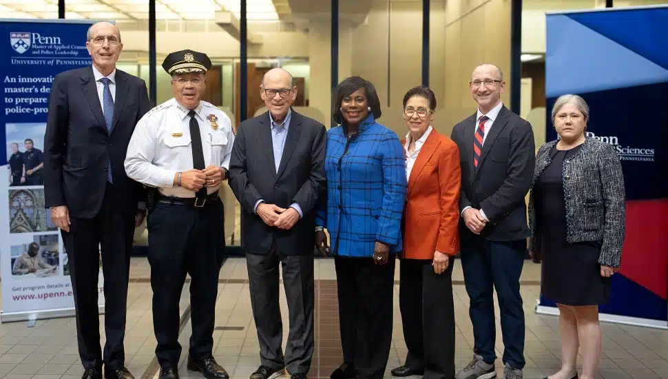 (From left) Interim Dean of Penn’s School of Arts & Sciences and William R. Kenan, Jr. Professor of Music History Jeffrey Kallberg; Philadelphia Police Commissioner Kevin Bethel; Joseph Neubauer; Philadelphia Mayor Cherelle Parker; Jeanette Lerman-Neubauer; professor of criminology John MacDonald; and Deputy Provost Beth A. Winkelstein.