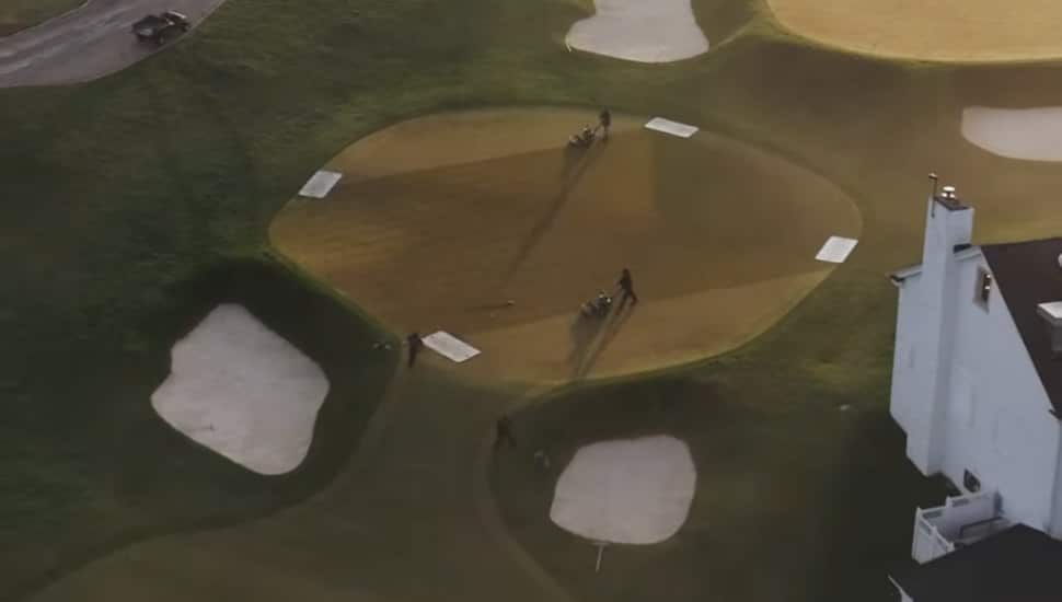 An Aerial view of the greenskeepers mowing the green at the Philadelphia Cricket Club.