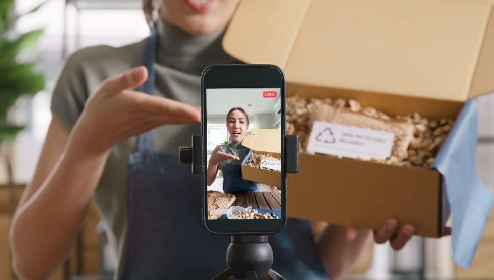 Woman livestreaming on cell phone holding a box.