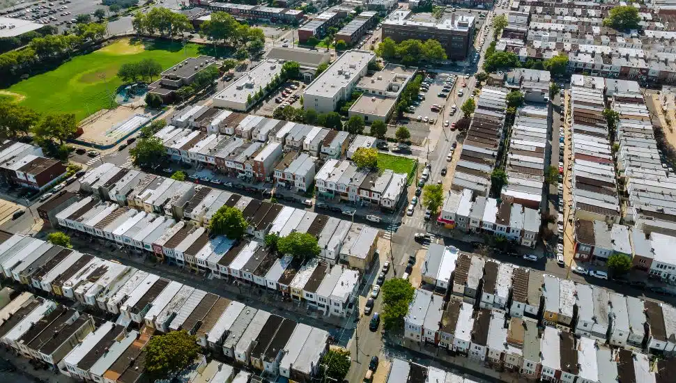 Aerial view of the urban row houses of neighborhood in Philadelphia.