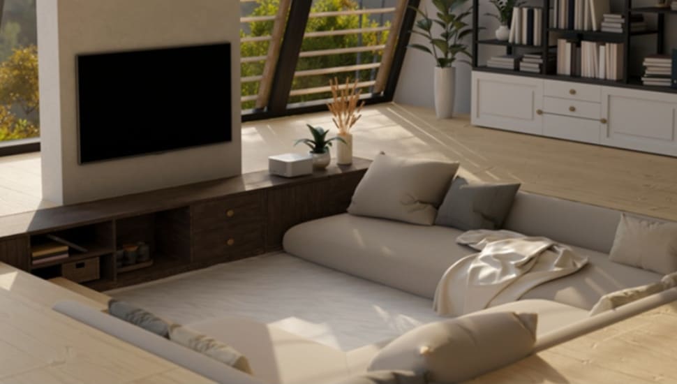 Couch sunken in floor boards.