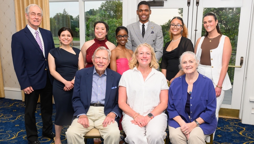 L-R: Dennis Marlo, Christine Marlo Triemstra '00, Karen Marlo. Top L-R: President Jon Jay DeTemple, awardees Hannah Nordberg '15, Lynn Van '23, Leigha Hudgins '25, Evens Edme '23, Destiny Fowler '25, Gabrielle Bonewicz '22.