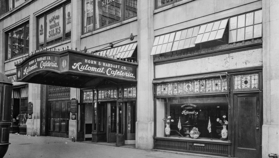 Horn & Hardart location exterior in black and white.