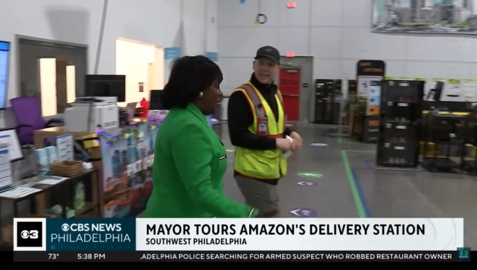 Mayor Cherelle Parker inside the new Amazon warehouse in Southwest Philadelphia.