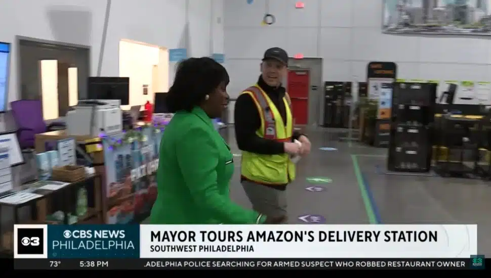 Mayor Cherelle Parker inside the new Amazon warehouse in Southwest Philadelphia.
