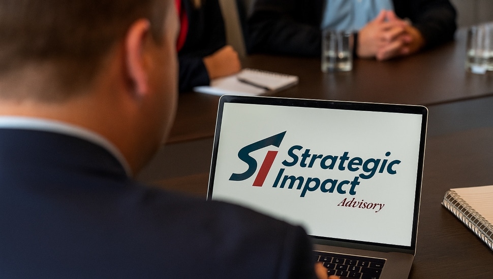 Businessman looks at laptop computer with company logo on screen.