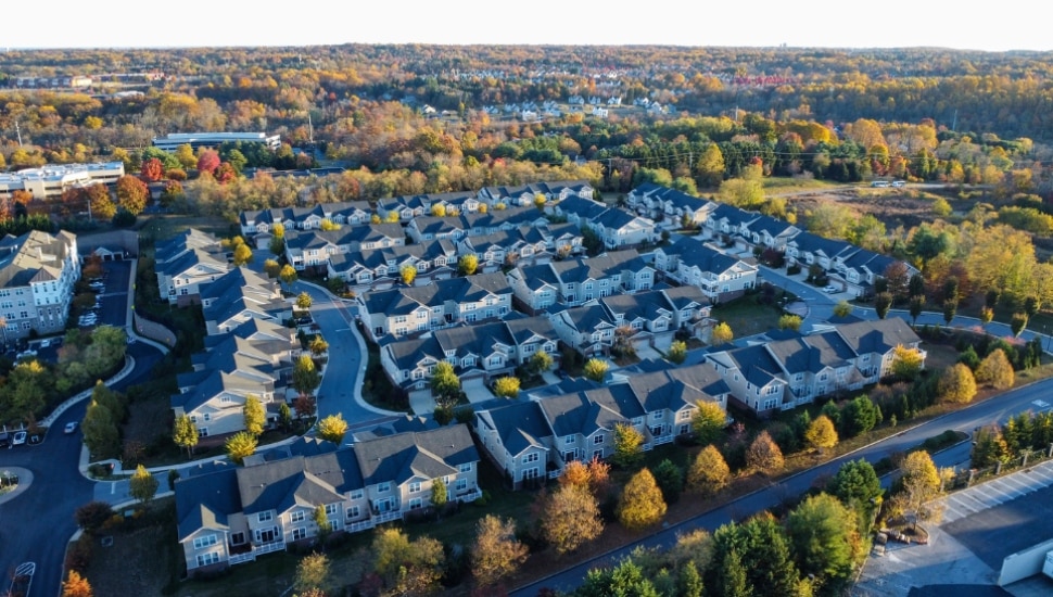 An aerial shot of a suburban townhouse community.