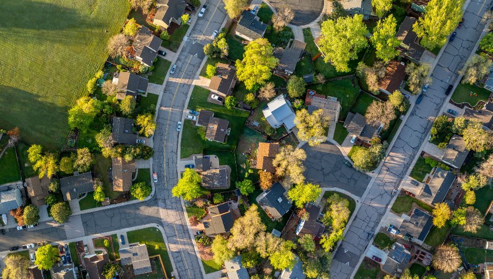 Suburban neighborhood aerial view.