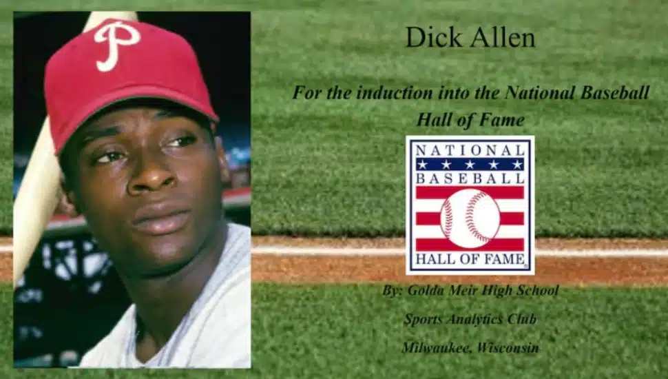 The cover art featuring an image of Dick Allen for a performance portfolio made by the Golda Meir High School Sports Analytic Club.
