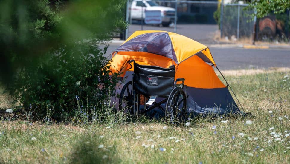 Homeless person's tent with wheelchair