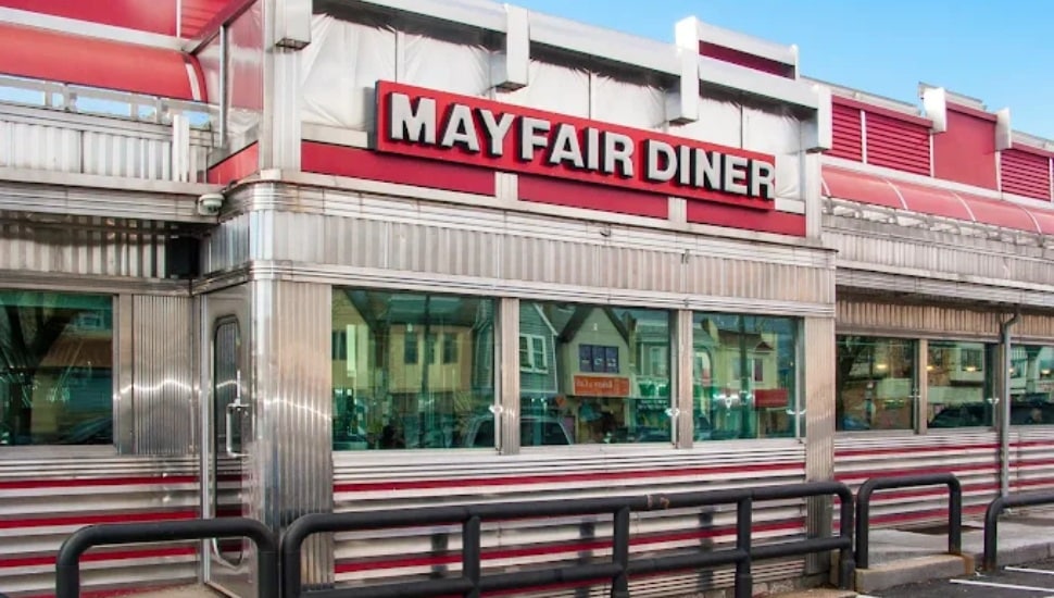 Closeup of Mayfair Diner exterior.
