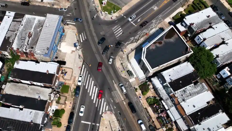 An aerial view of the intersection of 58th Street, Baltimore Avenue and Cobbs Creek Parkway in West Philadelphia.