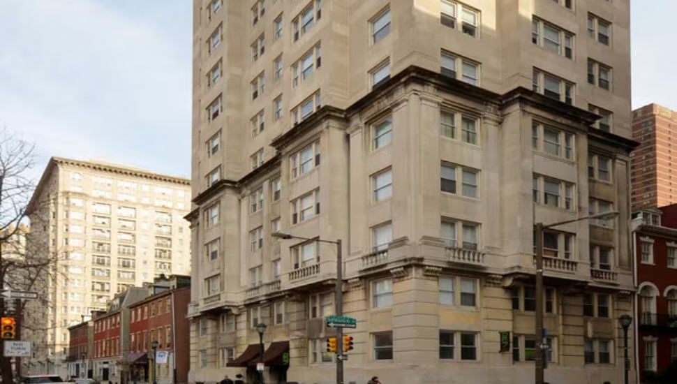 Exterior of 257 S. 16th St. apartment tower at the corner of 16th and Spruce streets.