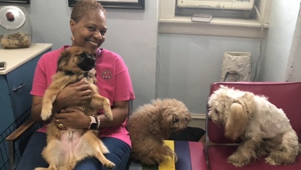 A woman smiles while holding a dog, two other other dogs to her left.