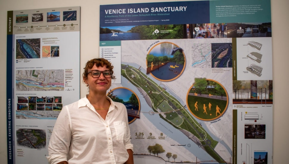 Julia Jackson standing in front of her Venice Island Sanctuary proposal.
