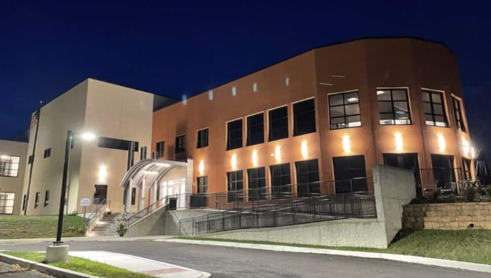 Exterior of Pennsylvania Biotechnology Center at night.