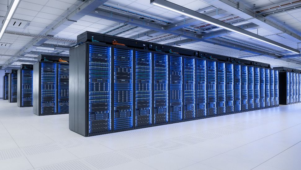 Data center with rows of servers.