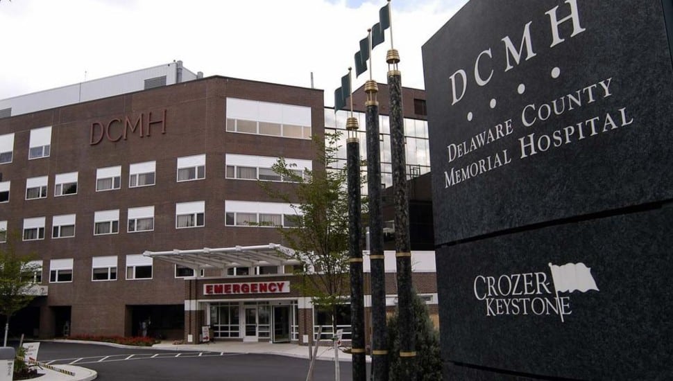 The front of Delaware County Memorial Hospital with hospital sign.